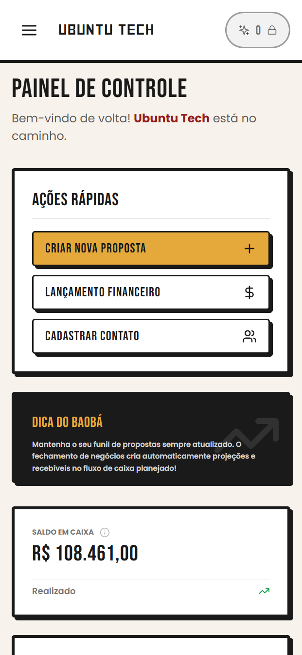 Tela do Dashboard no celular